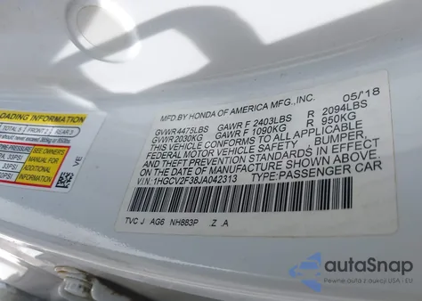 2018 Honda Accord Sport 2.0T from USA, damaged, VIN 1HGCV2F38JA042313